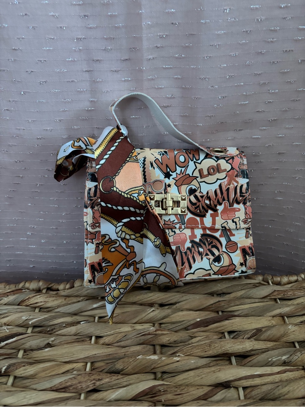 SHEIN Graphic Satchel in Peach, White and Brown